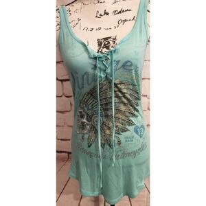 Renegade Motorcycles Embellished Tank T Shirt Size Large Lace up Green Blue Long